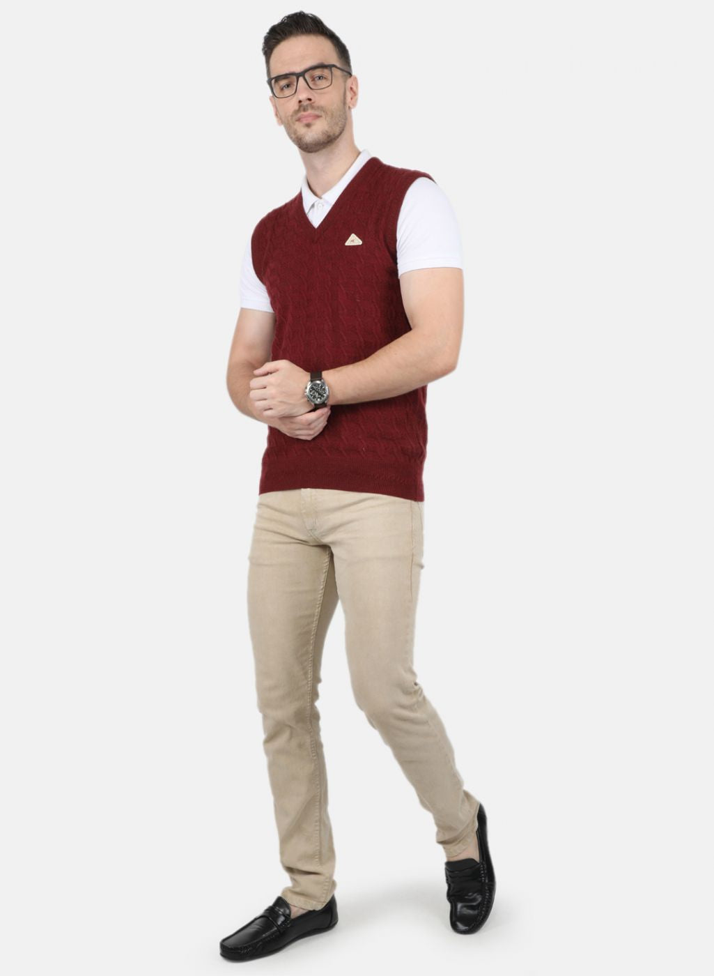 Men Maroon Self Design Sweater