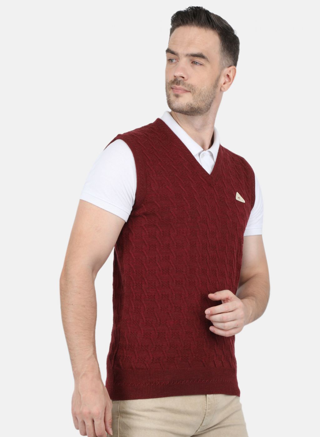 Men Maroon Self Design Sweater