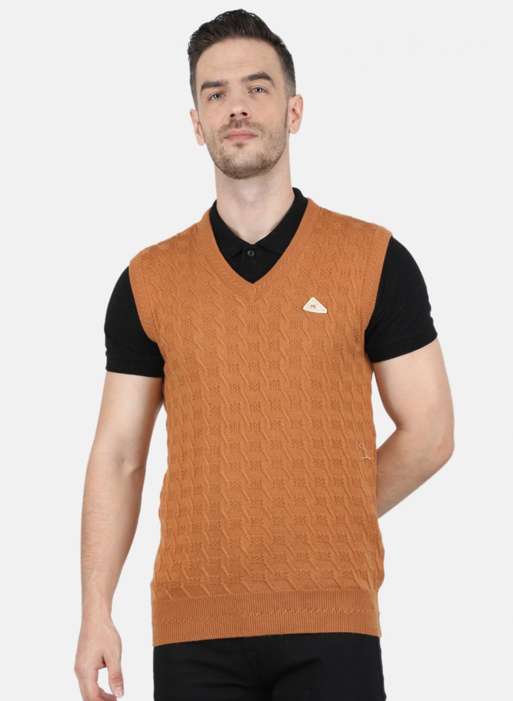 Men Orange Self Design Sweater