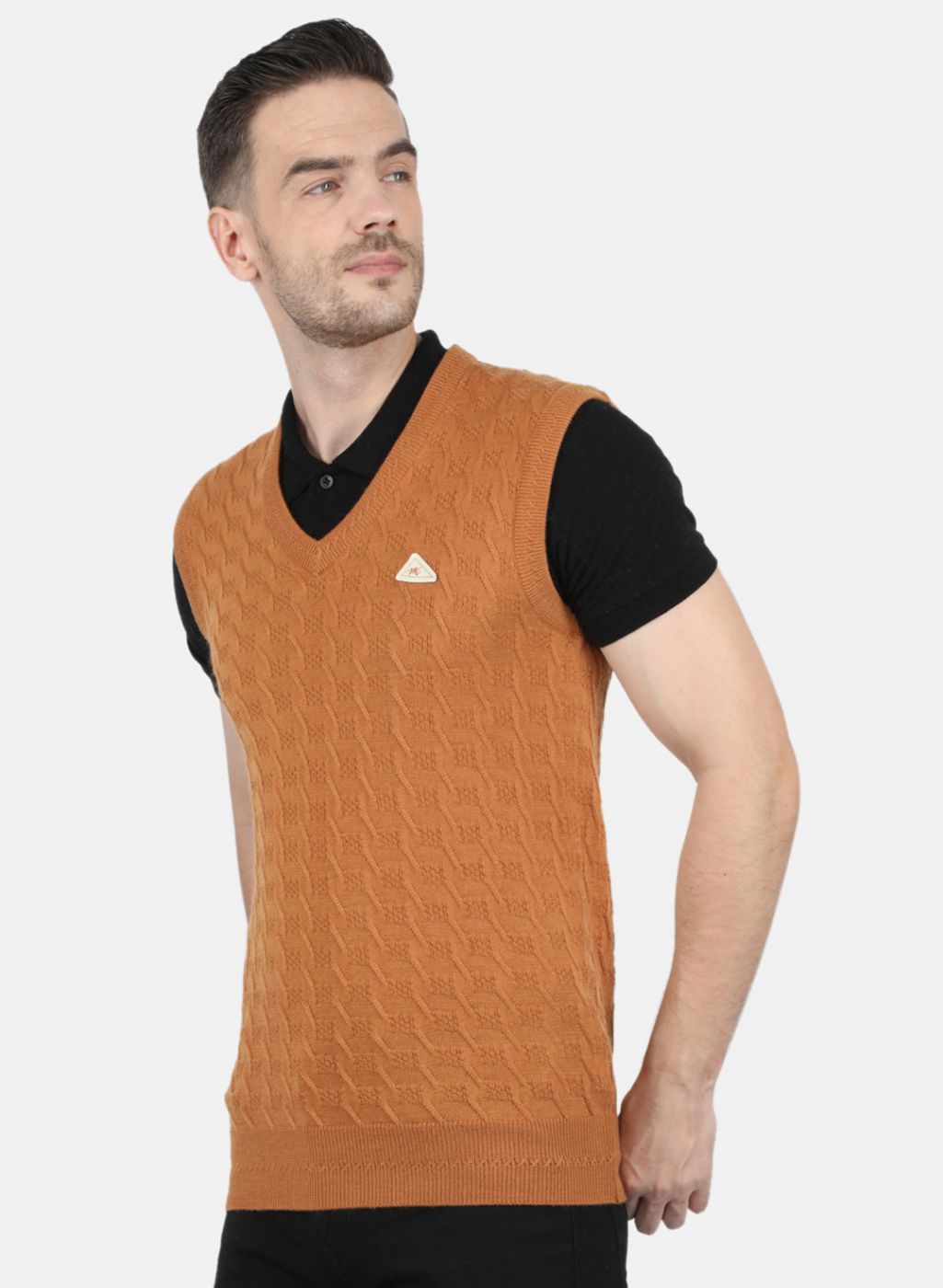 Men Orange Self Design Sweater