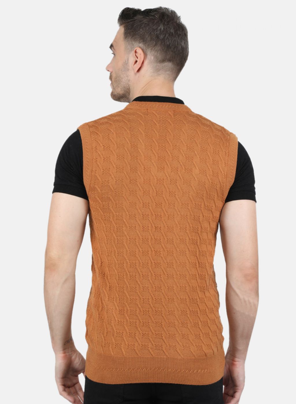 Men Orange Self Design Sweater