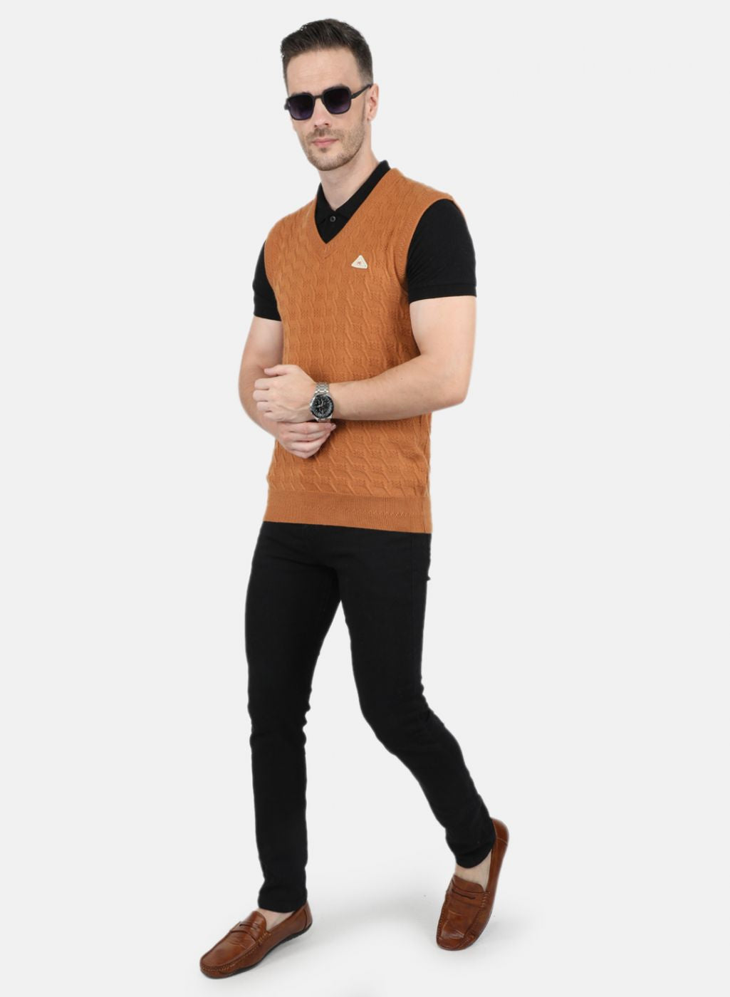 Men Orange Self Design Sweater