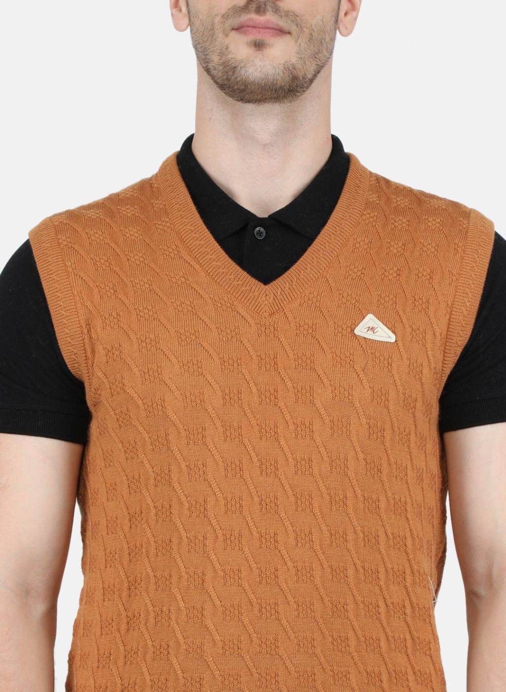 Men Orange Self Design Sweater