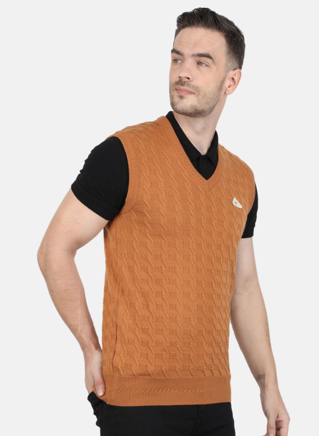 Men Orange Self Design Sweater