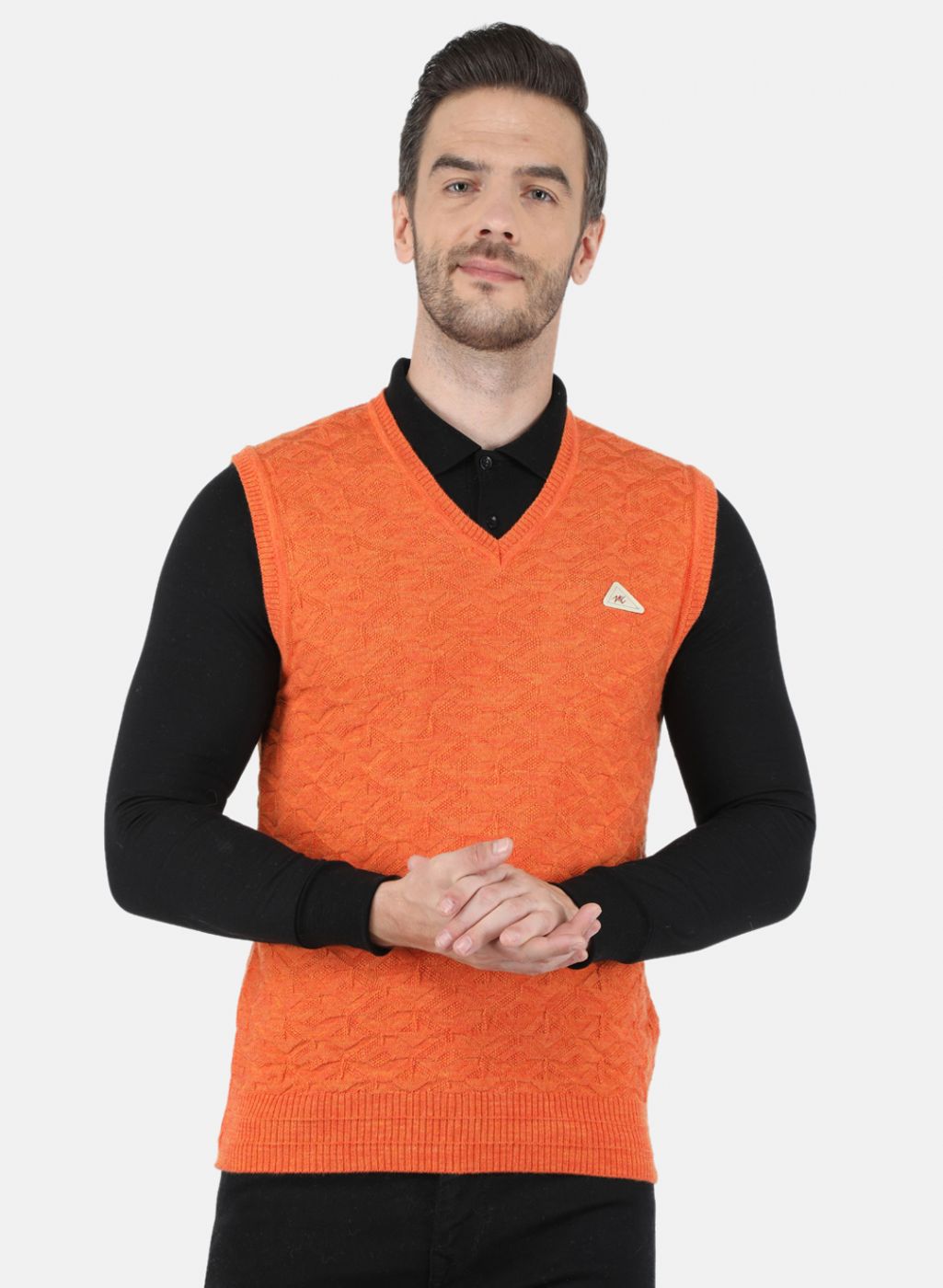 Men Orange Self Design Sweater