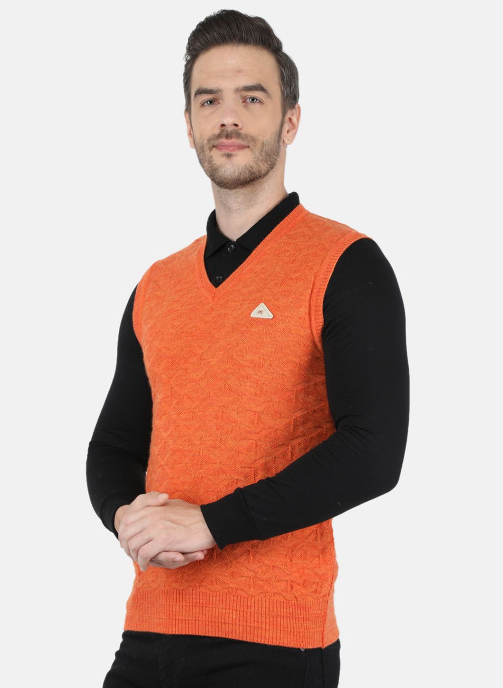 Men Orange Self Design Sweater