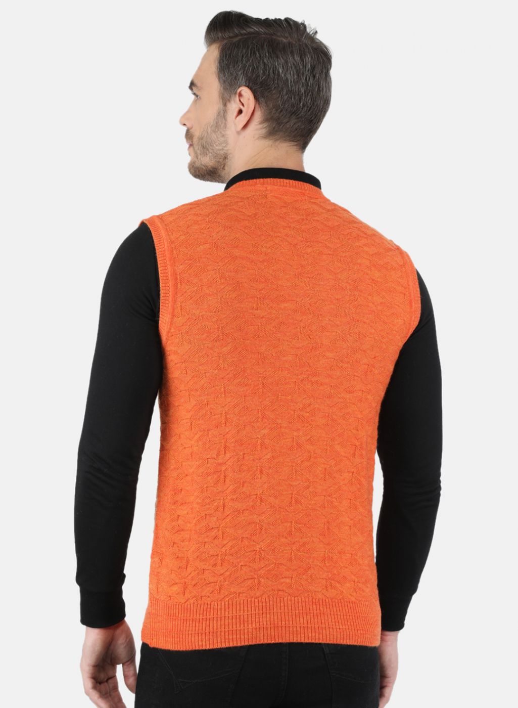 Men Orange Self Design Sweater