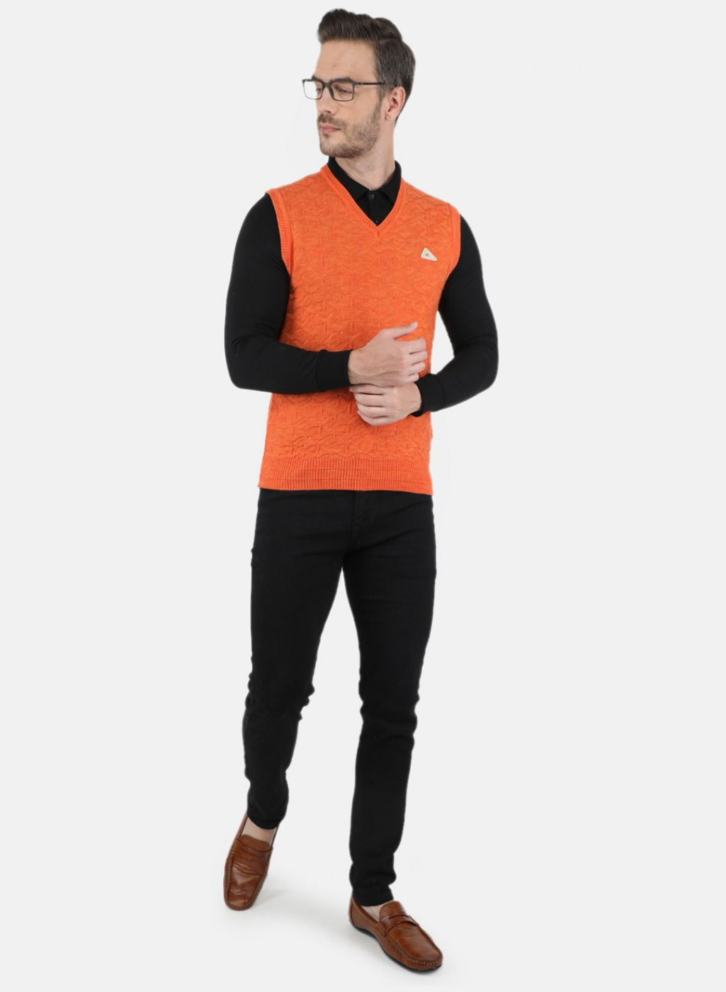 Men Orange Self Design Sweater