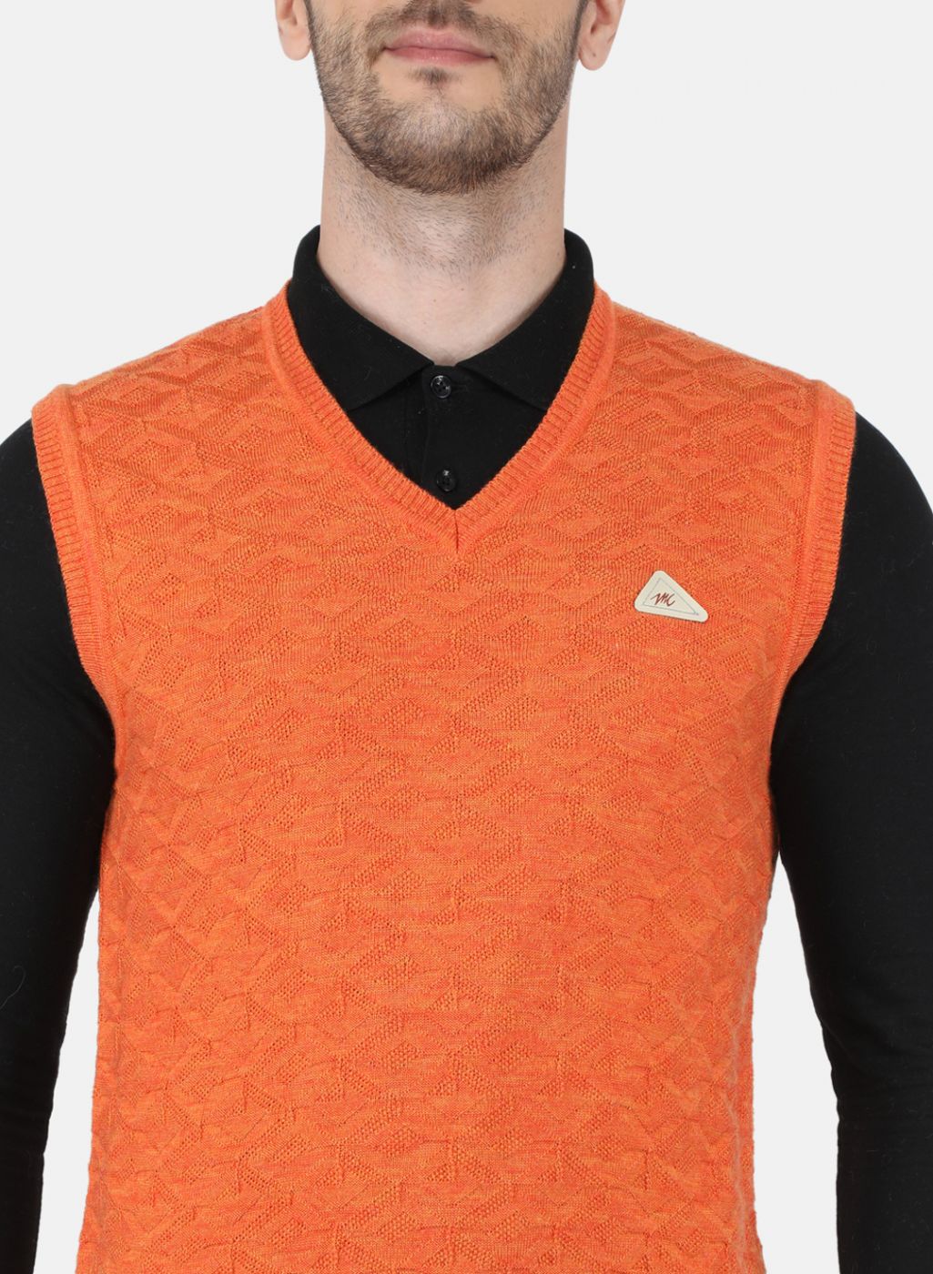 Men Orange Self Design Sweater