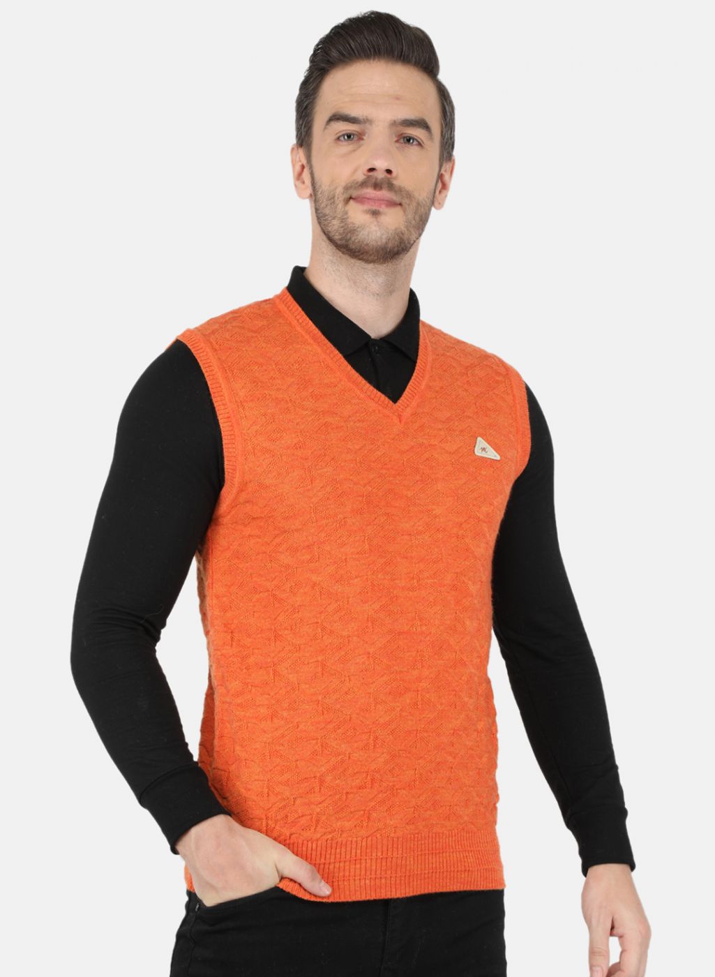 Men Orange Self Design Sweater