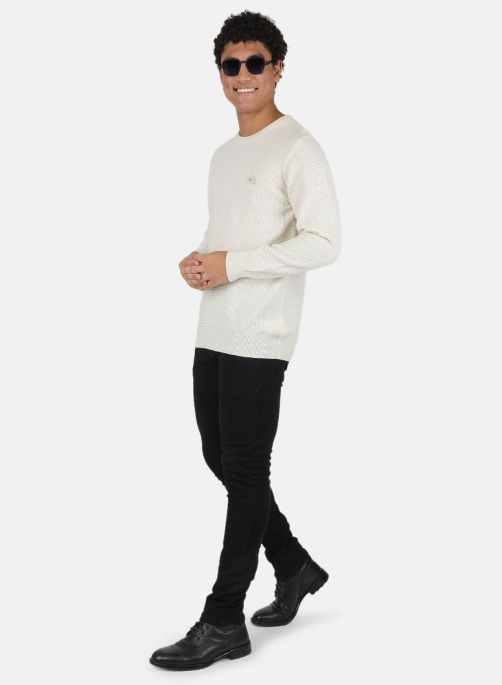 Men Off White Self Design Pullover