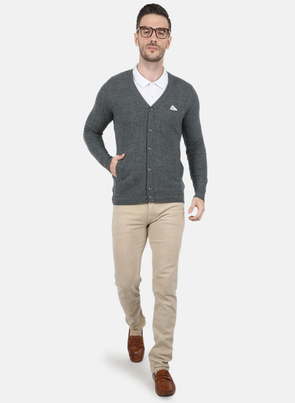 Men Grey Self Design Cardigan