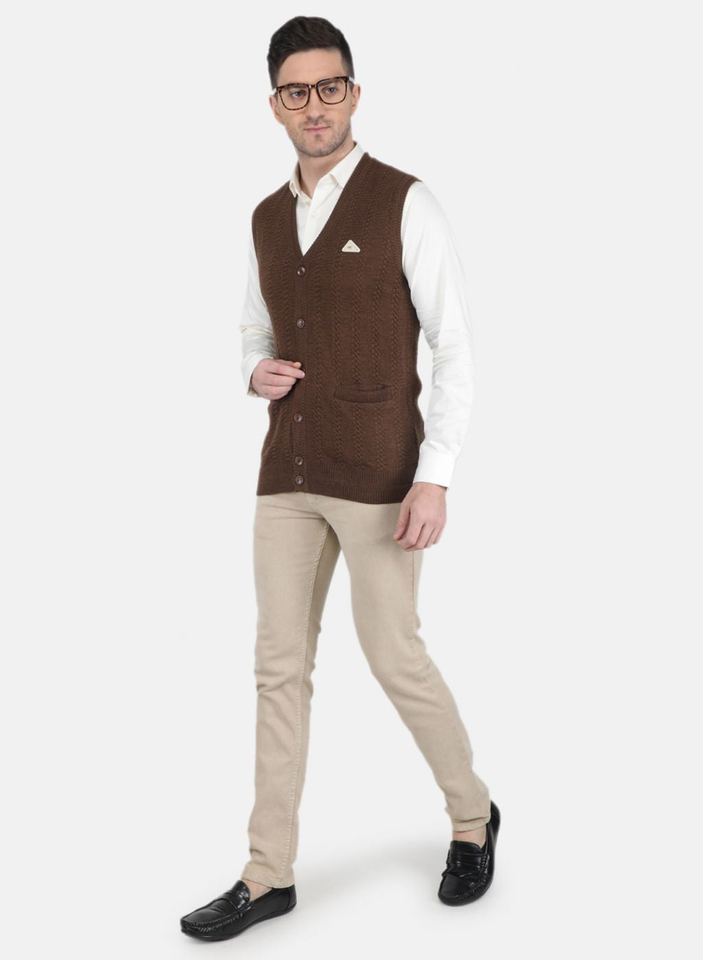 Men Brown Self Design Cardigan