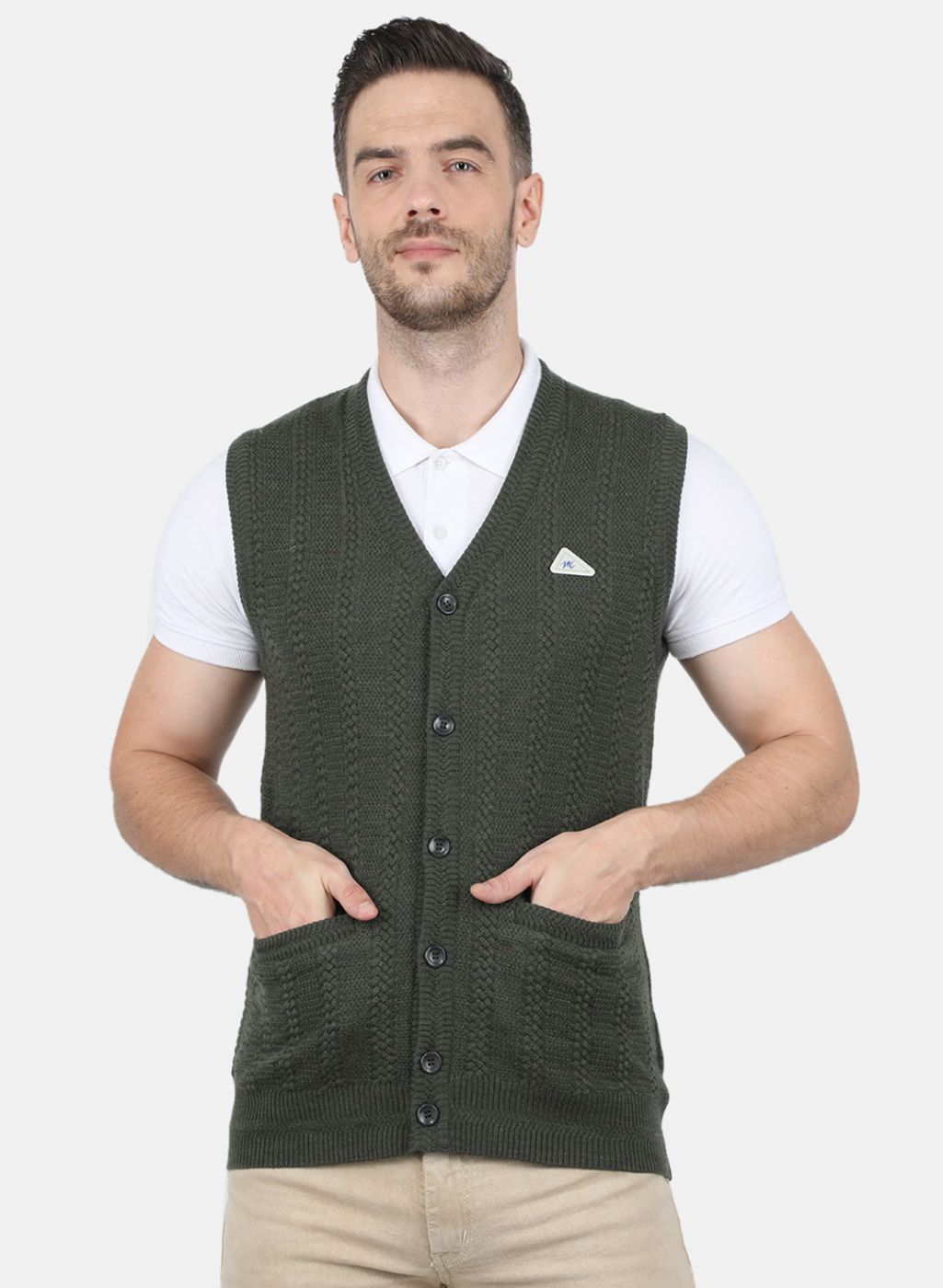 Men Olive Self Design Cardigan