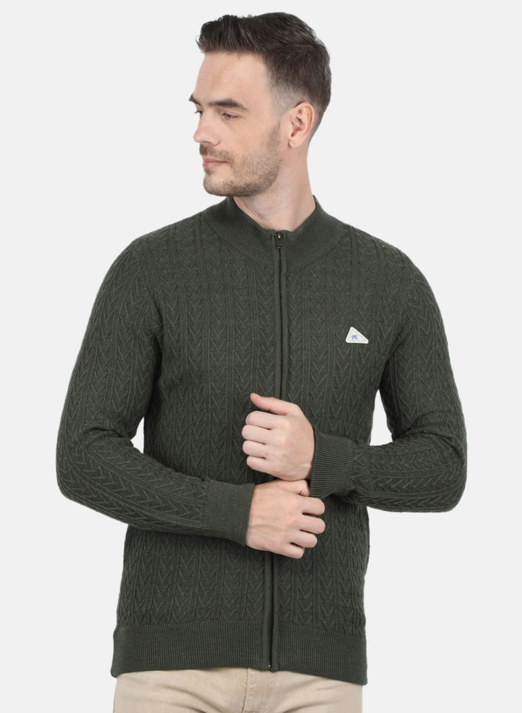 Men Olive Self Design Pullover