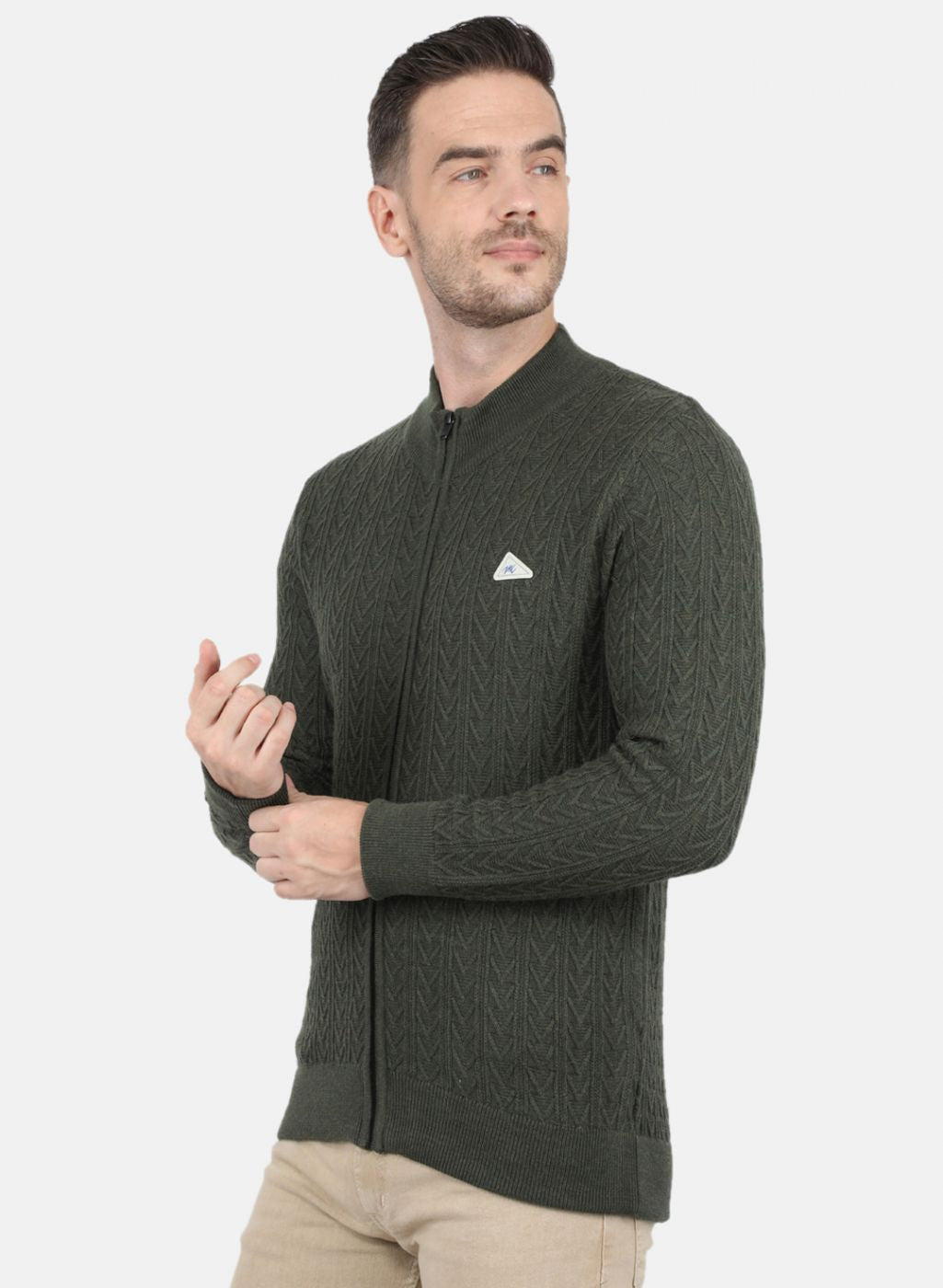 Men Olive Self Design Pullover