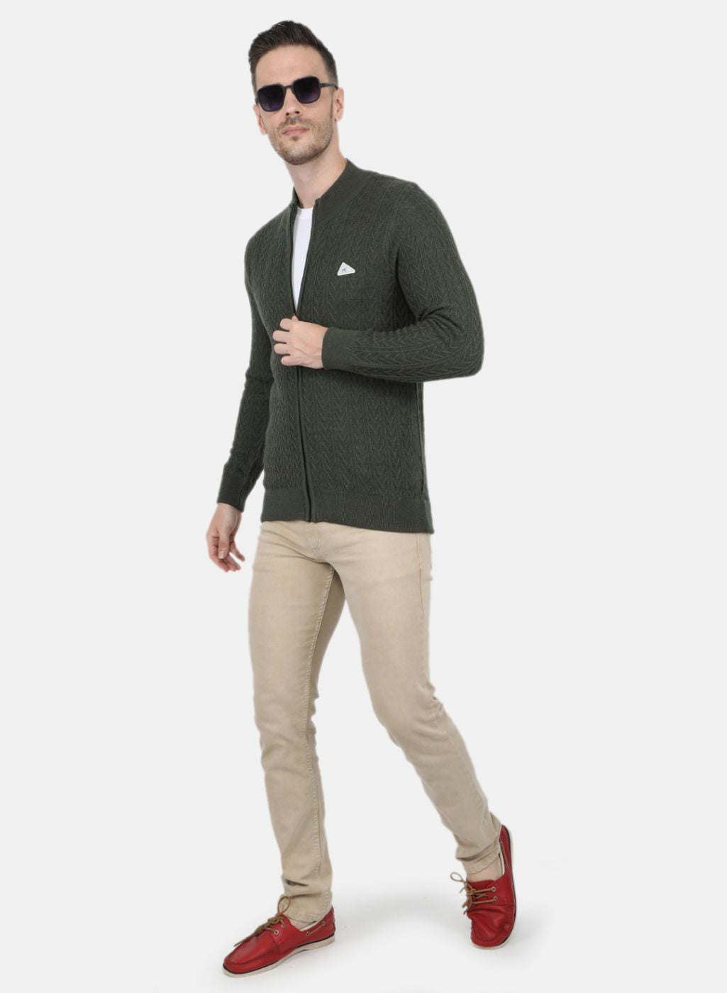 Men Olive Self Design Pullover