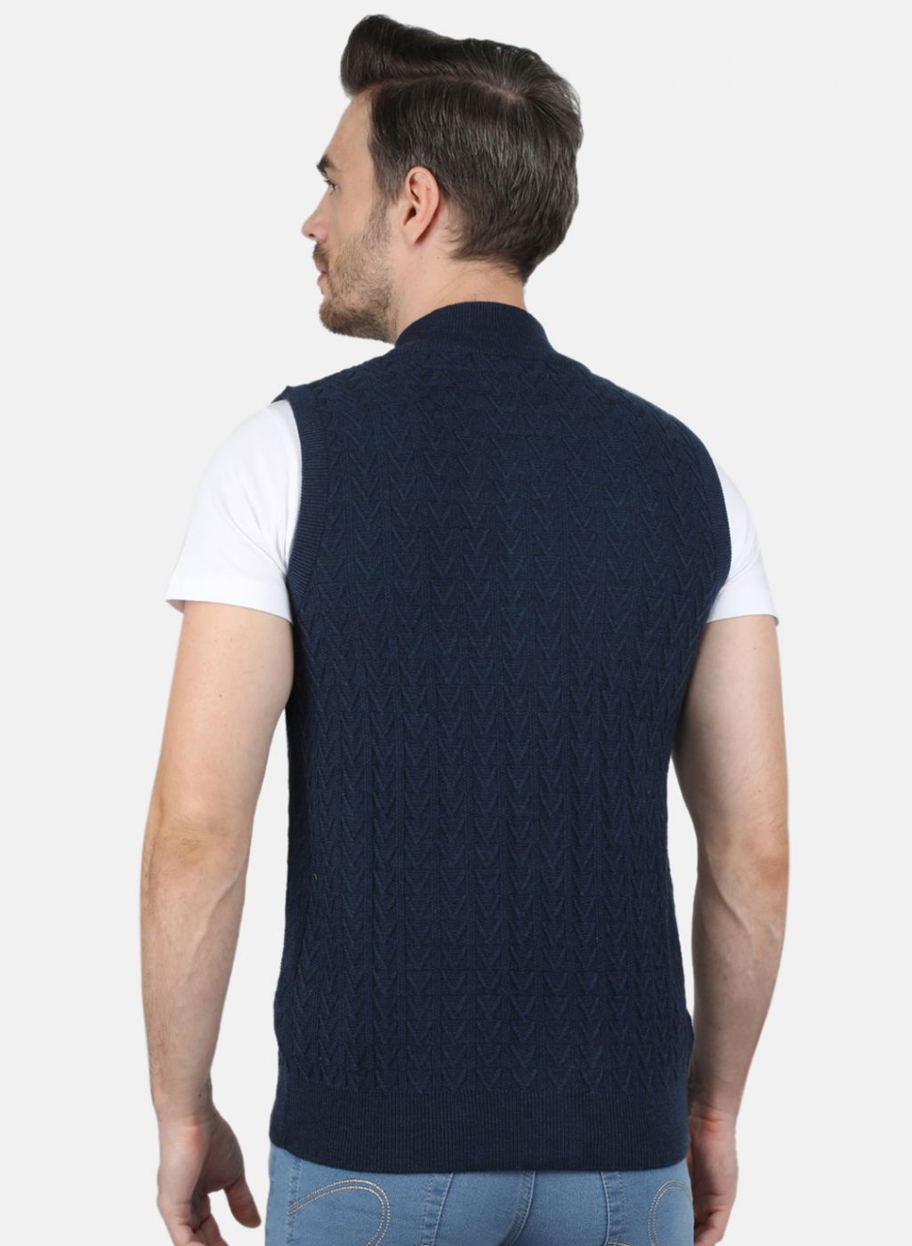 Men NAvy Blue Self Design Sweater