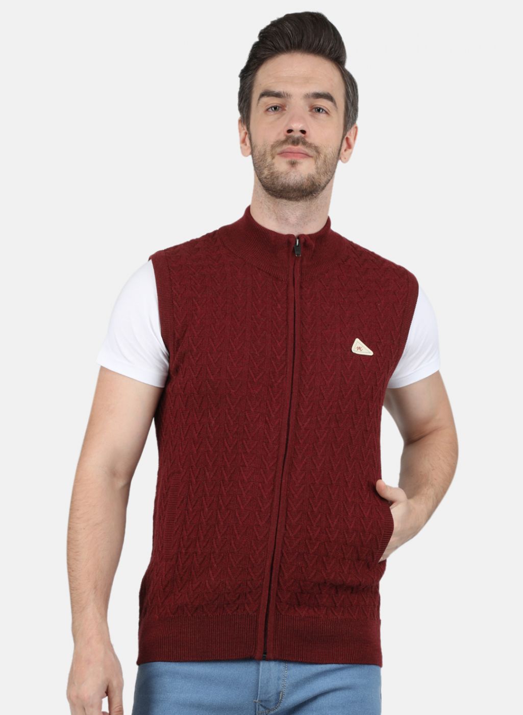 Men Maroon Self Design Sweater