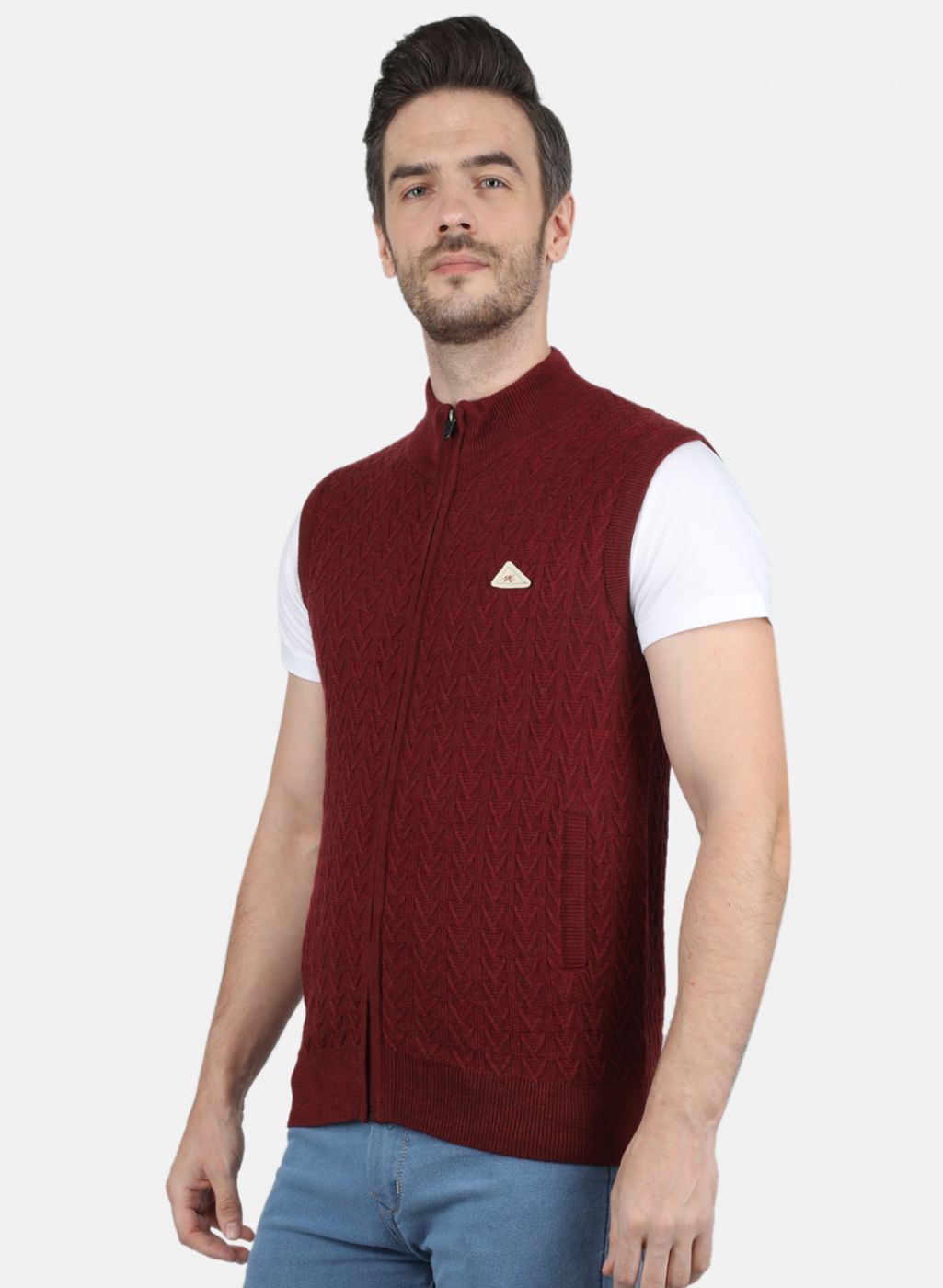 Men Maroon Self Design Sweater