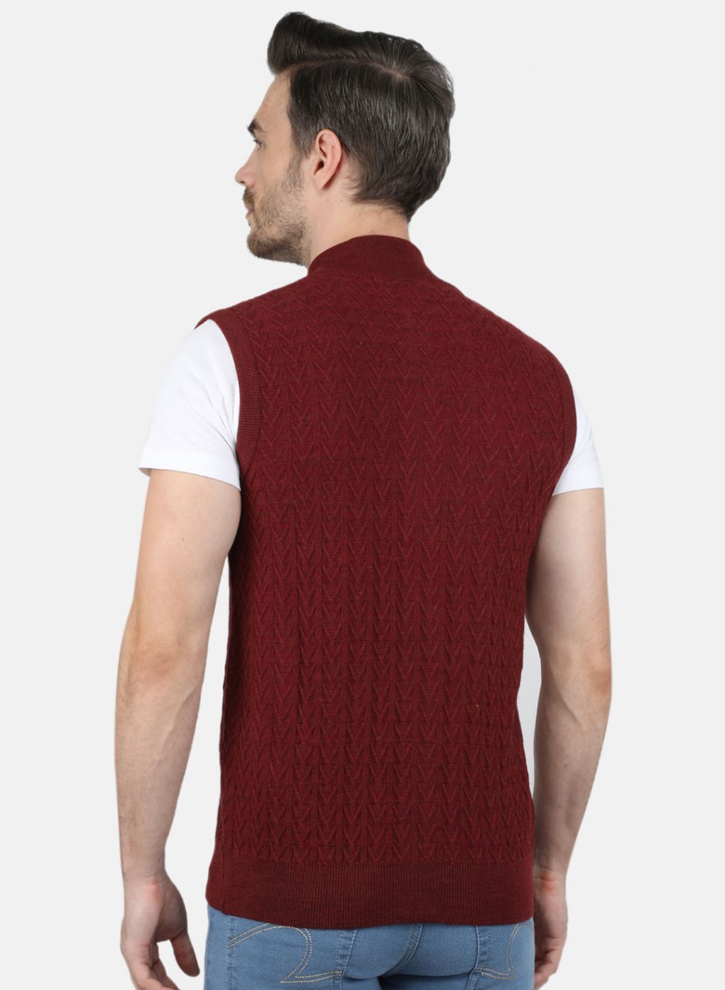 Men Maroon Self Design Sweater