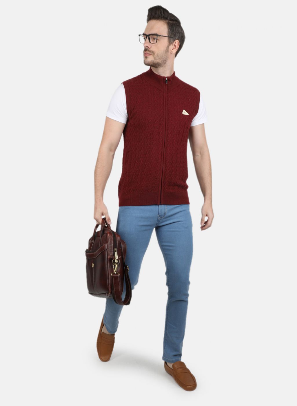 Men Maroon Self Design Sweater