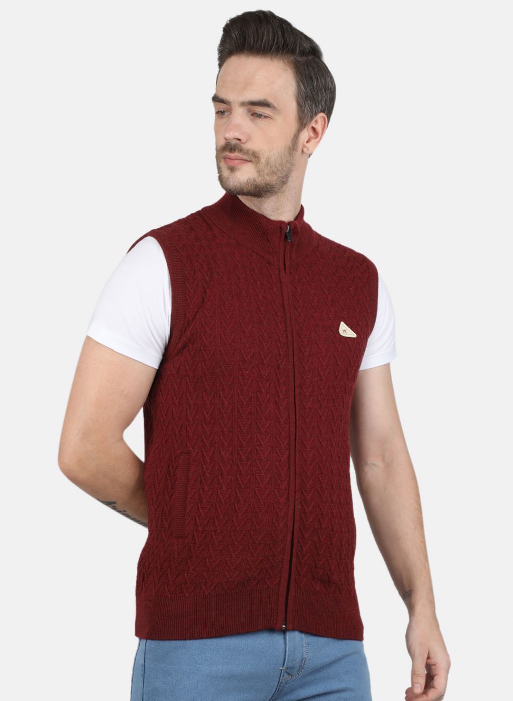 Men Maroon Self Design Sweater