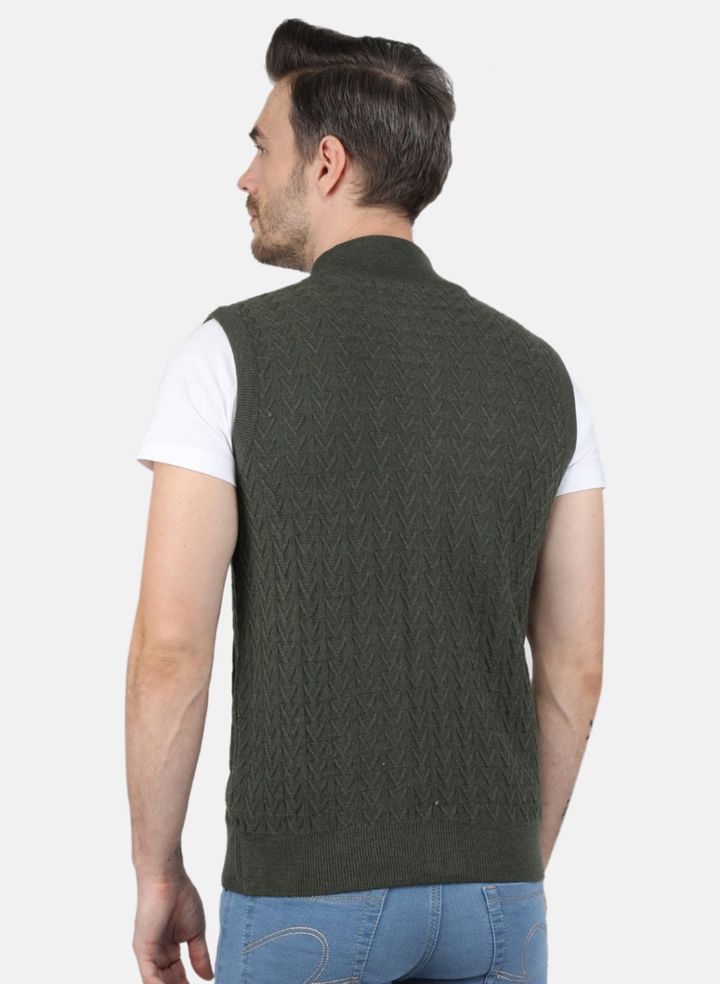 Men Olive Self Design Sweater