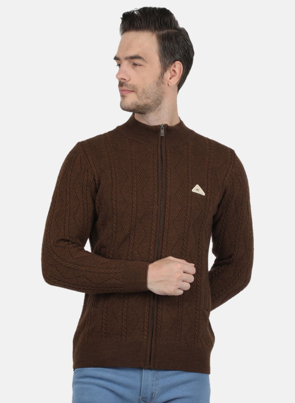 Men Brown Self Design Pullover