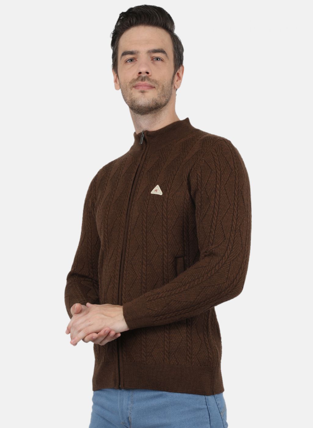 Men Brown Self Design Pullover