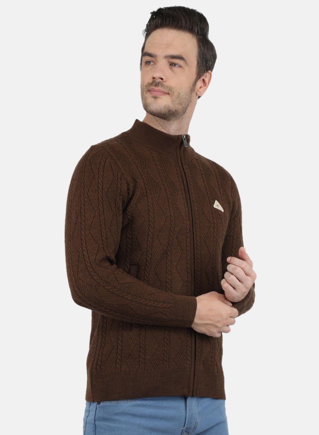 Men Brown Self Design Pullover