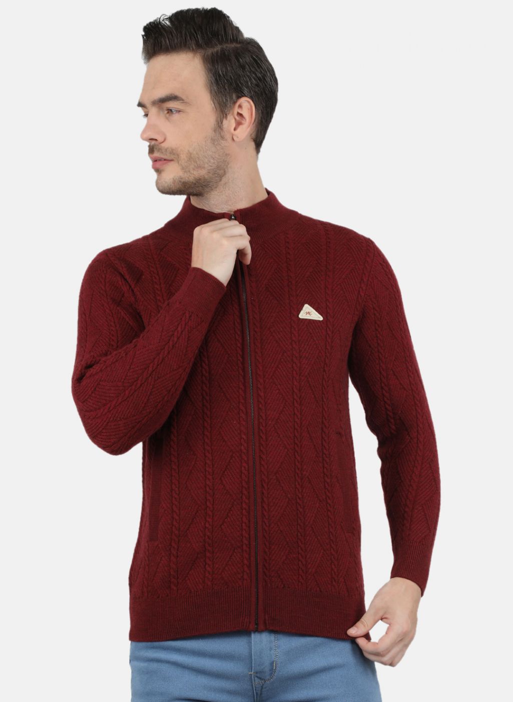 Men Maroon Self Design Pullover