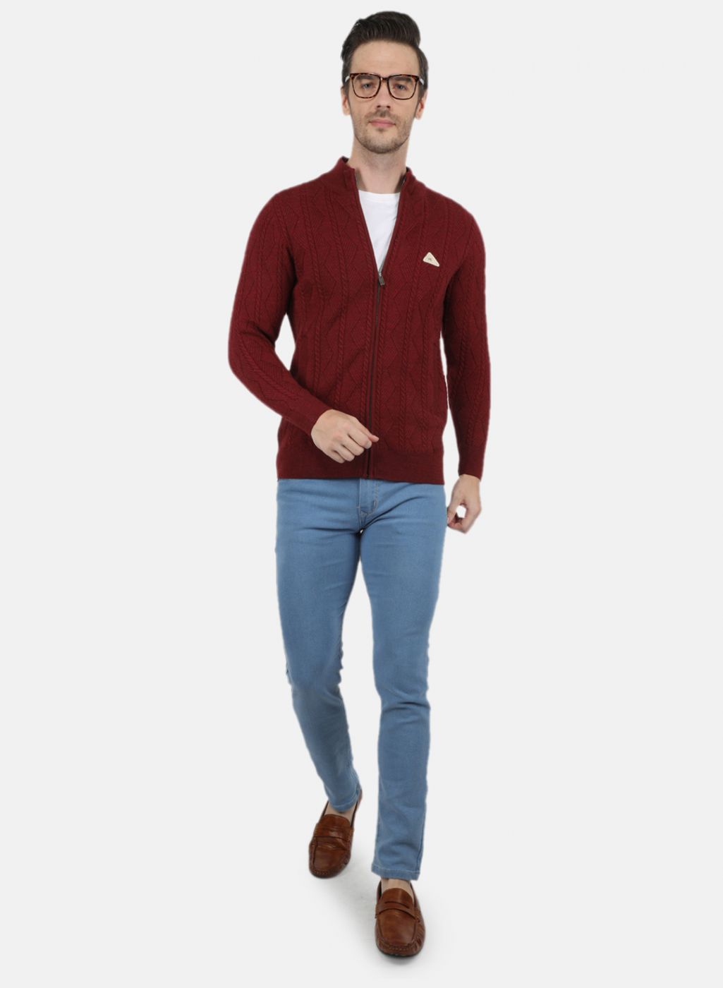 Men Maroon Self Design Pullover