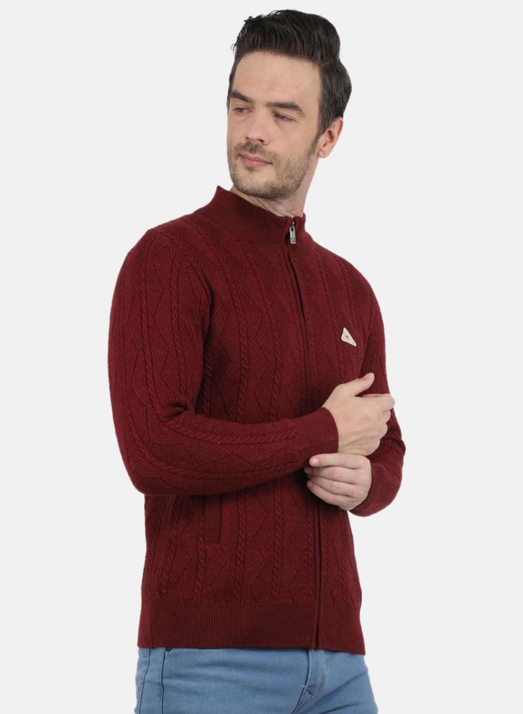 Men Maroon Self Design Pullover