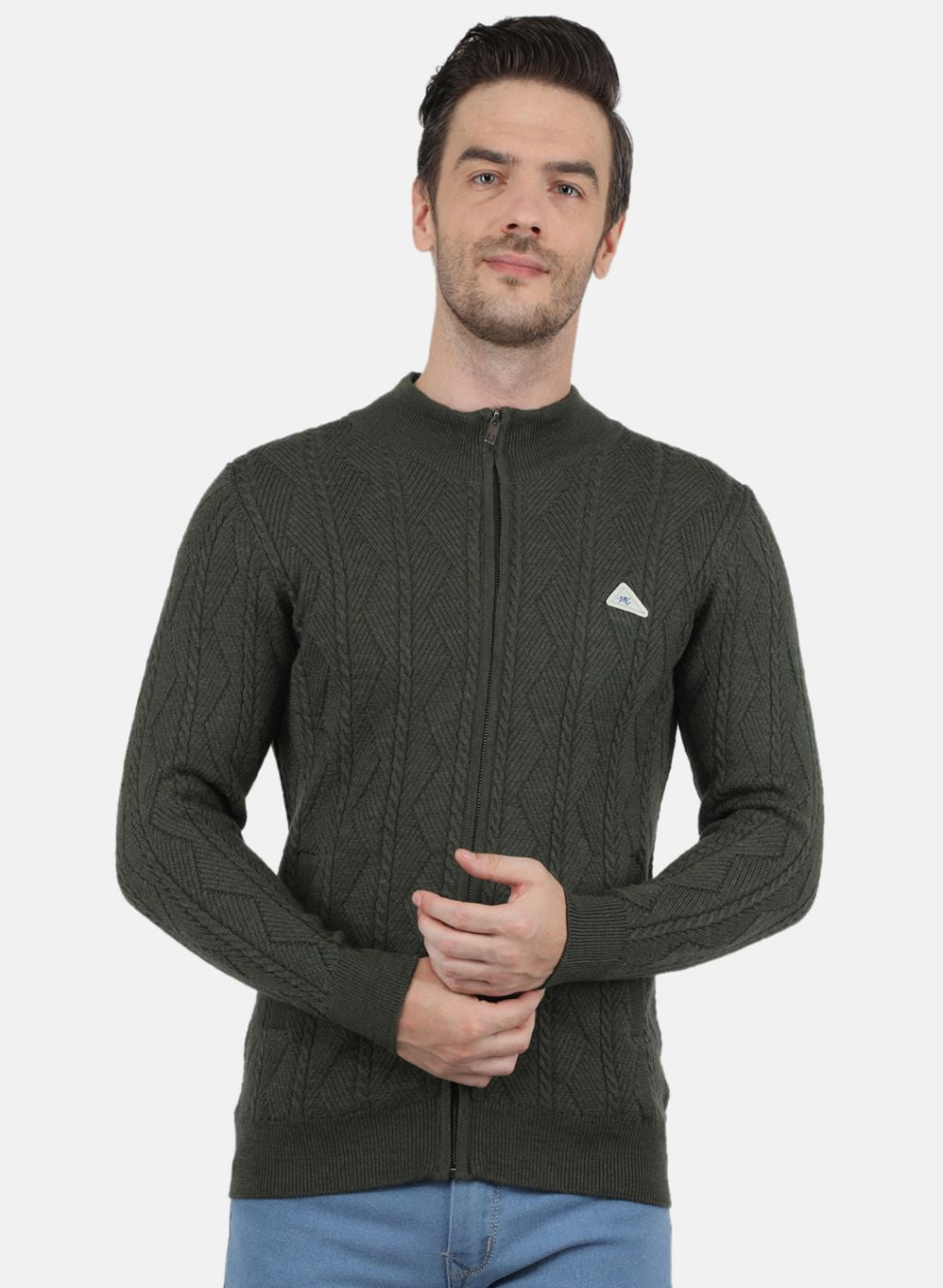 Men Olive Self Design Pullover