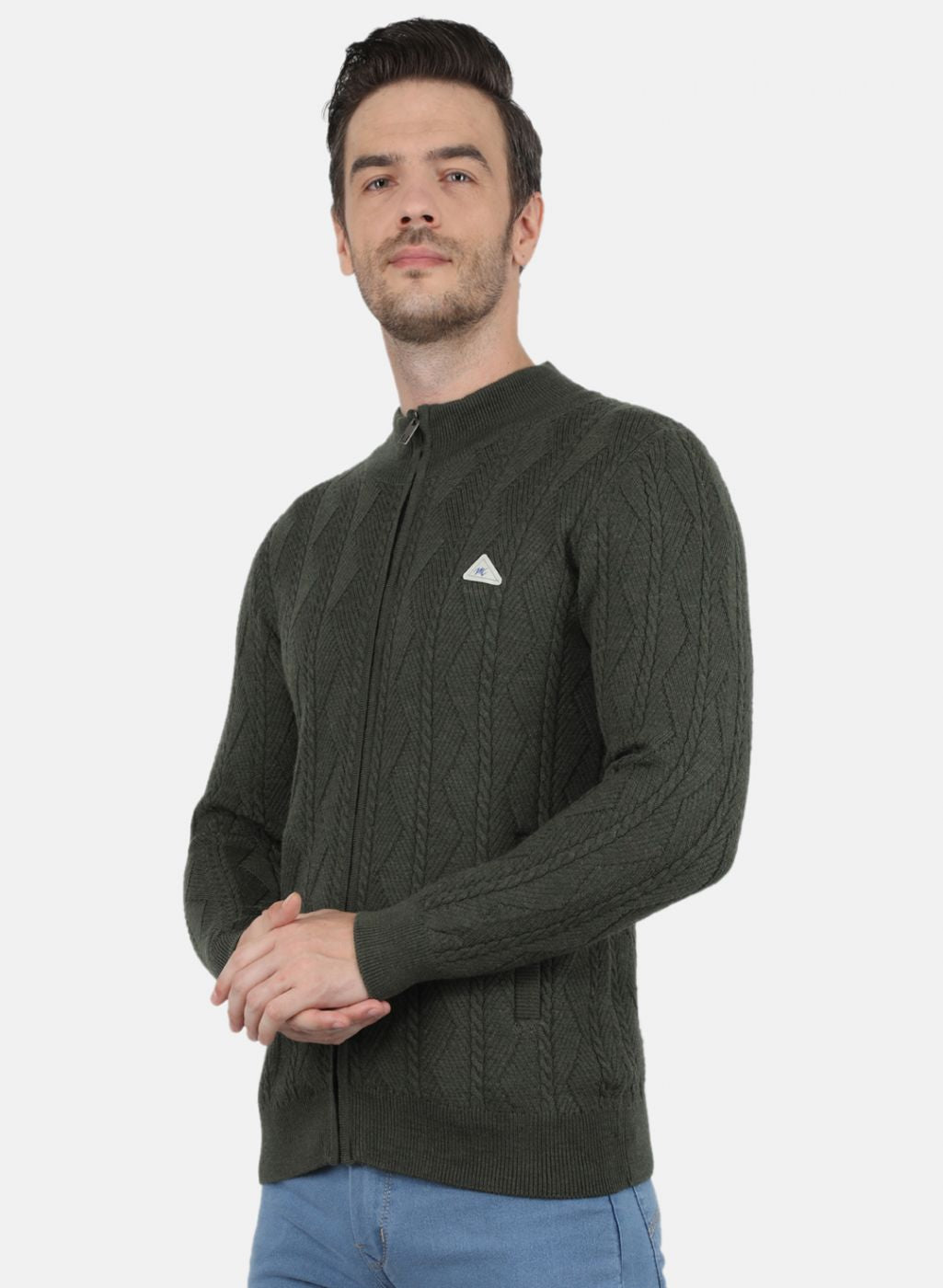 Men Olive Self Design Pullover