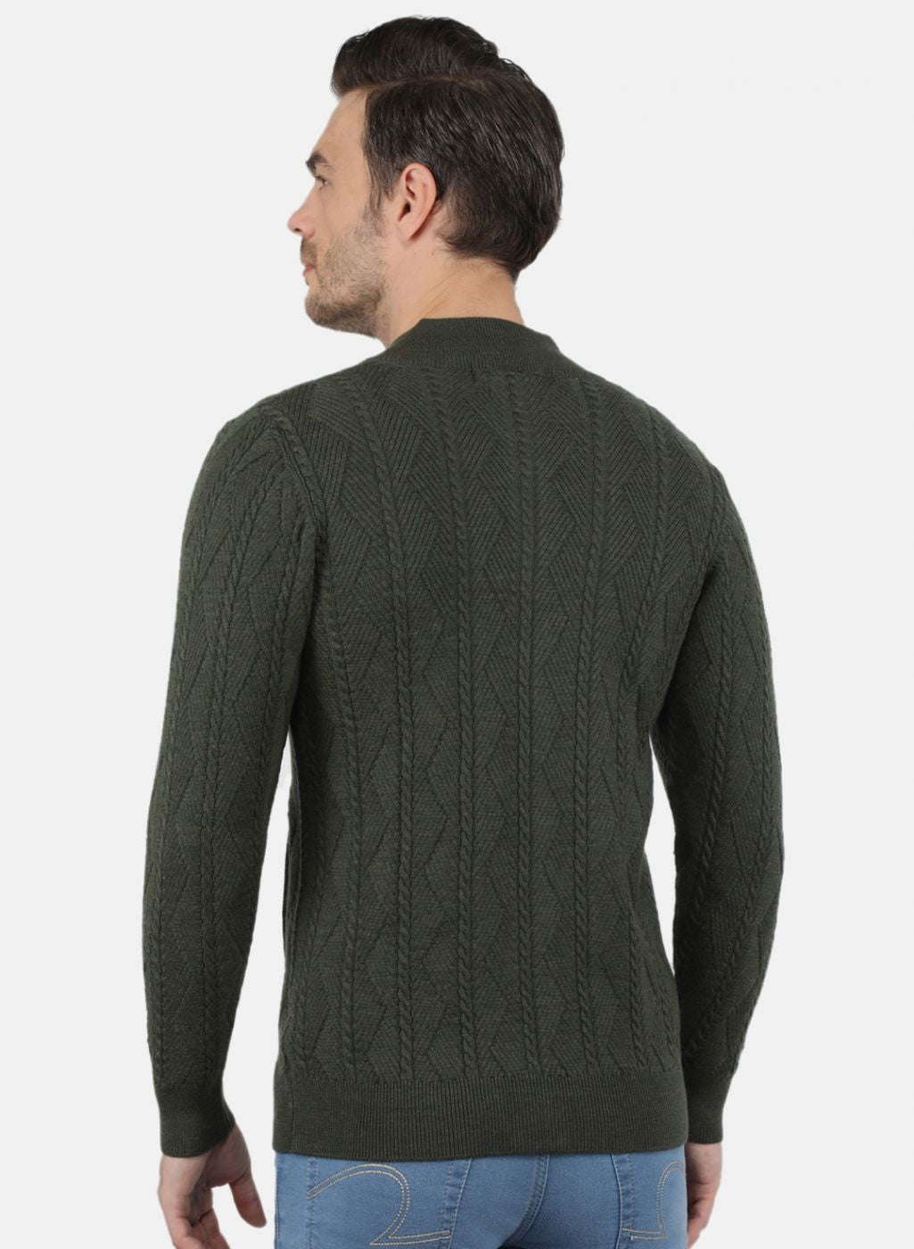 Men Olive Self Design Pullover