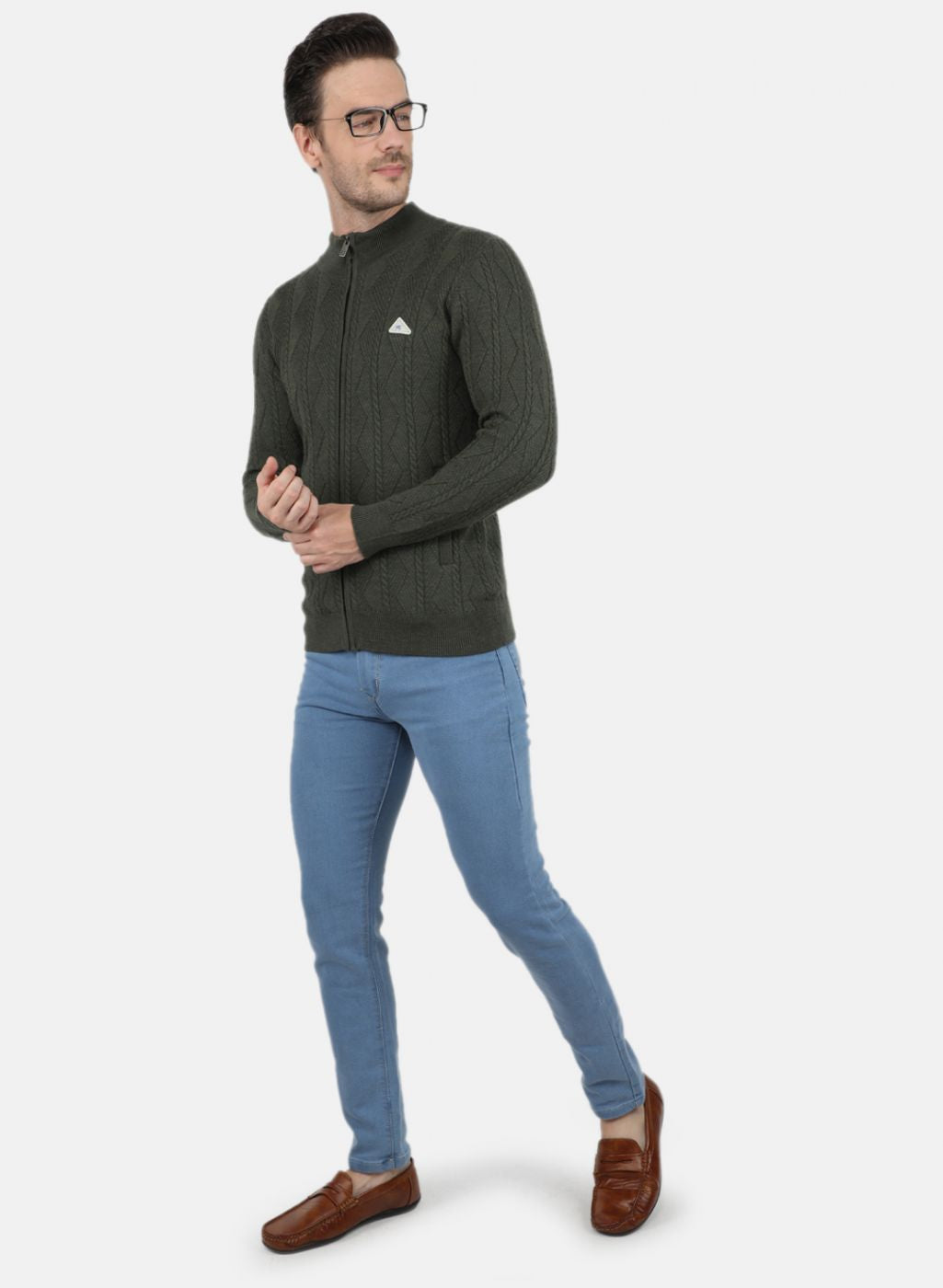 Men Olive Self Design Pullover