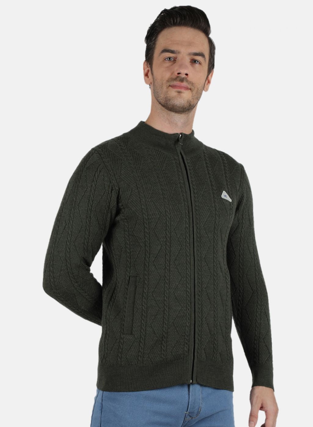 Men Olive Self Design Pullover