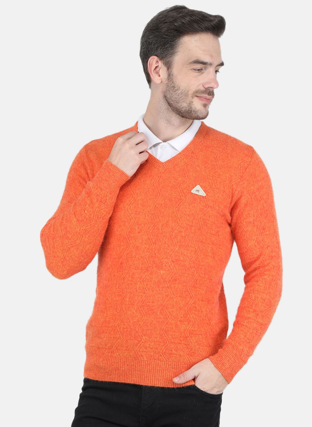 Men Orange Self design Pullover