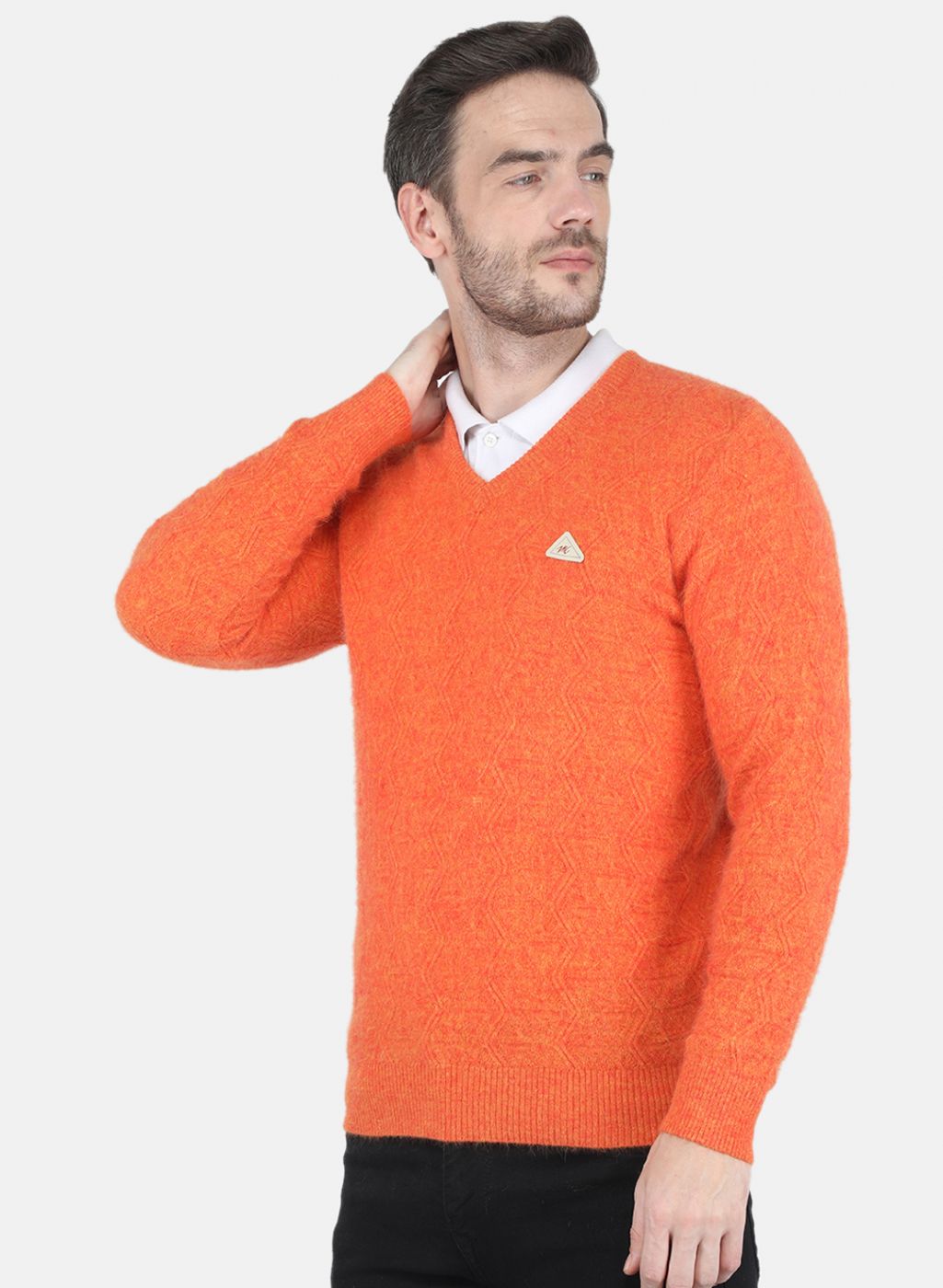 Men Orange Self design Pullover