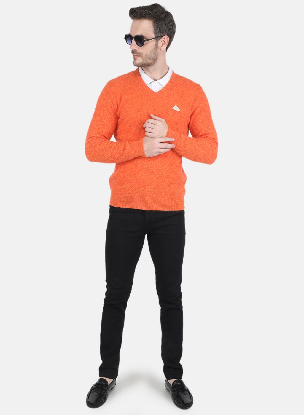 Men Orange Self design Pullover