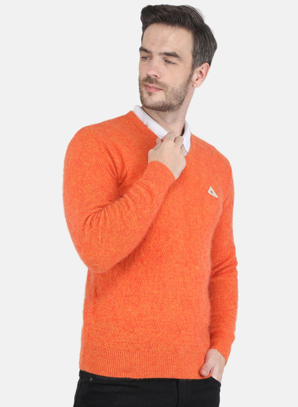 Men Orange Self design Pullover