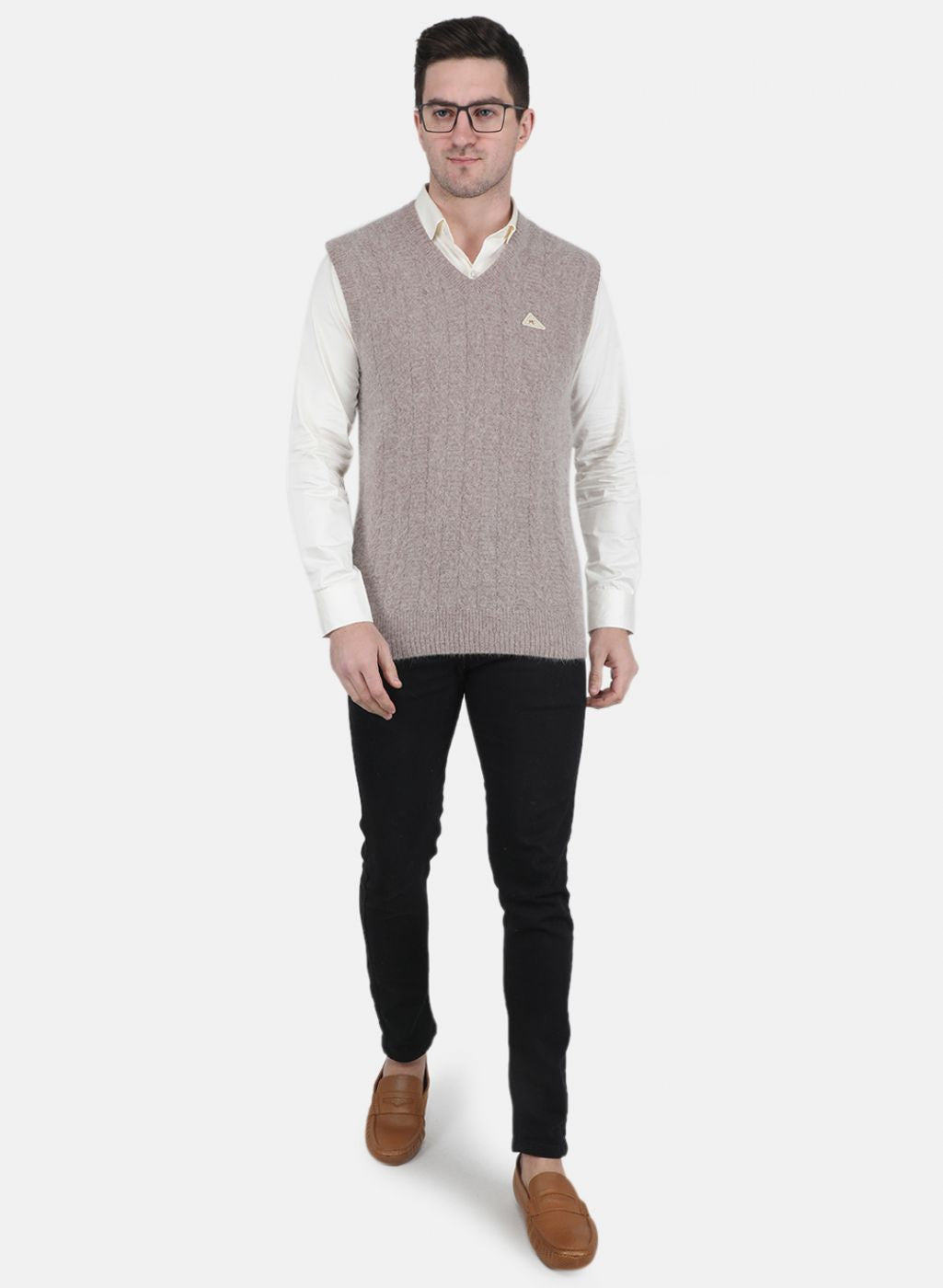 Men Beige Self Design Sweater