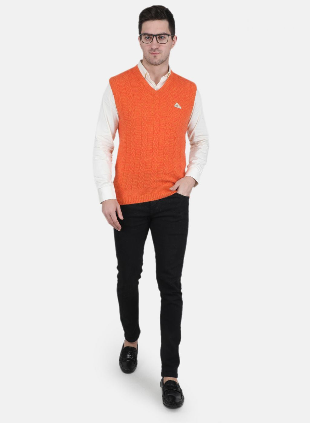 Men Orange Self Design Sweater