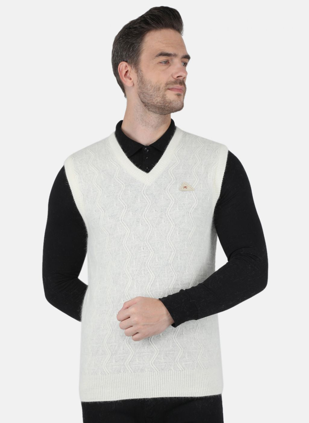 Men White Self Design Sweater