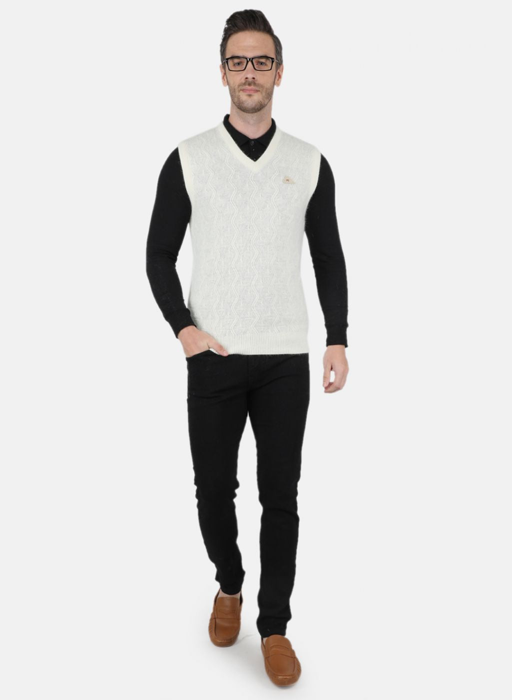 Men White Self Design Sweater