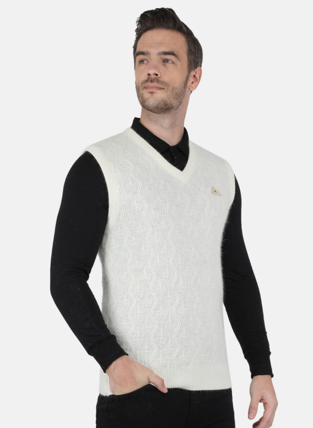 Men White Self Design Sweater