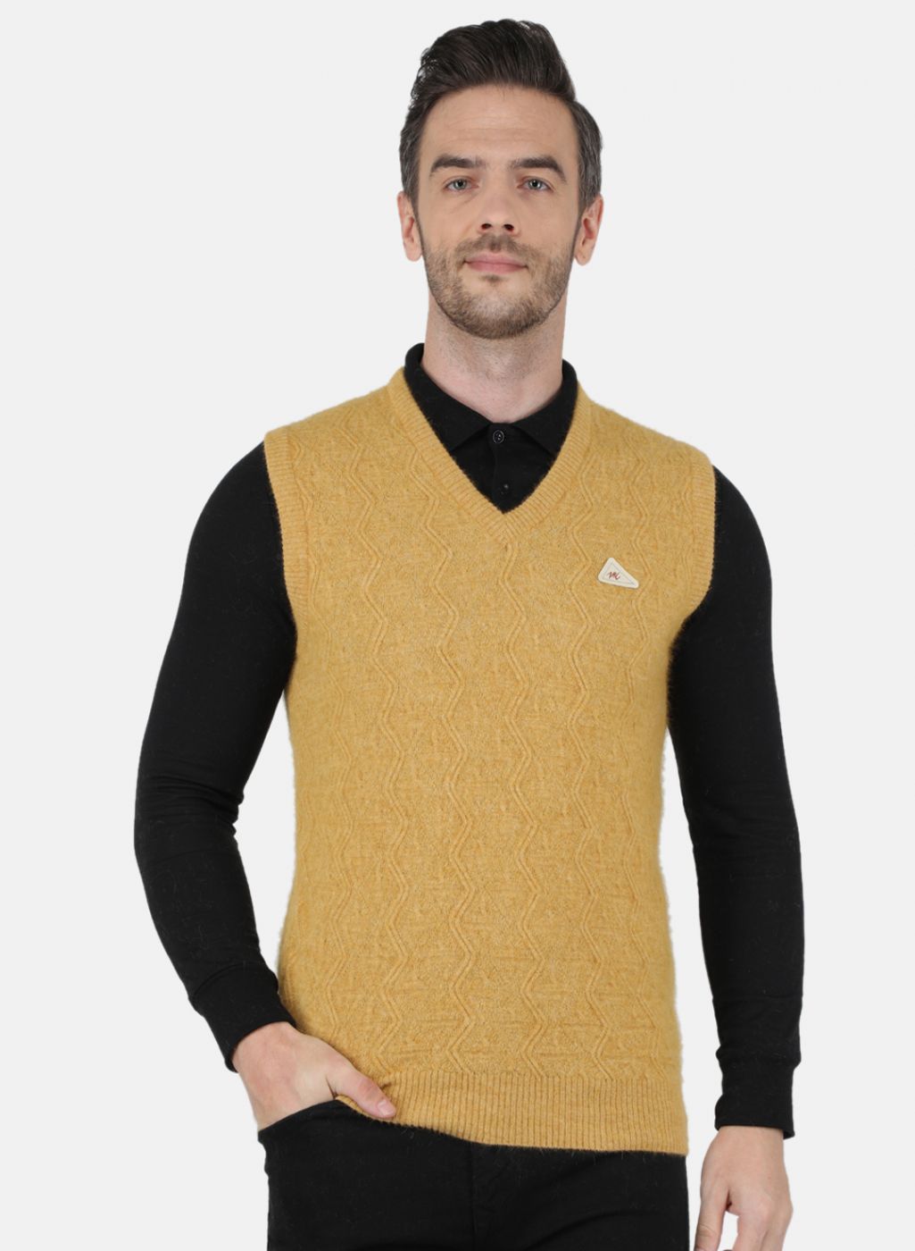 Men Yellow Self Design Sweater