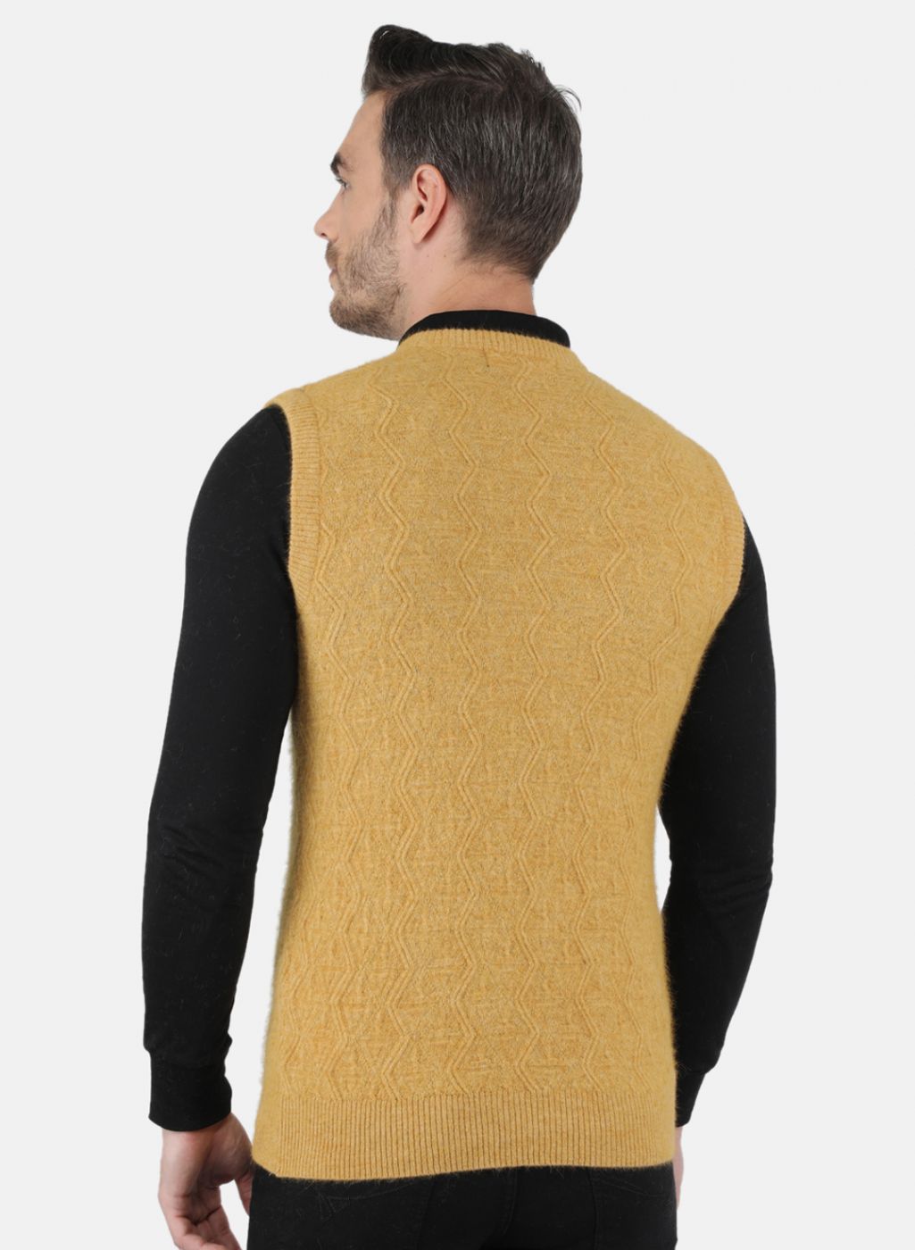 Men Yellow Self Design Sweater